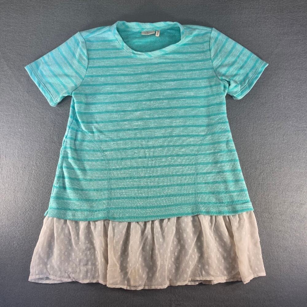 LOGO Lori Goldstein Top Small Aqua Teal Striped Short Sleeve Dot Ruffle Hem S
